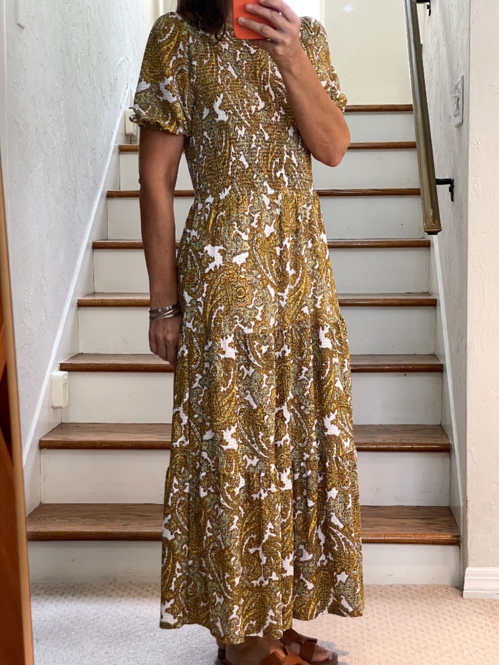 Michael Kors Saffron white and yellow paisley smocked tiered long dress women M